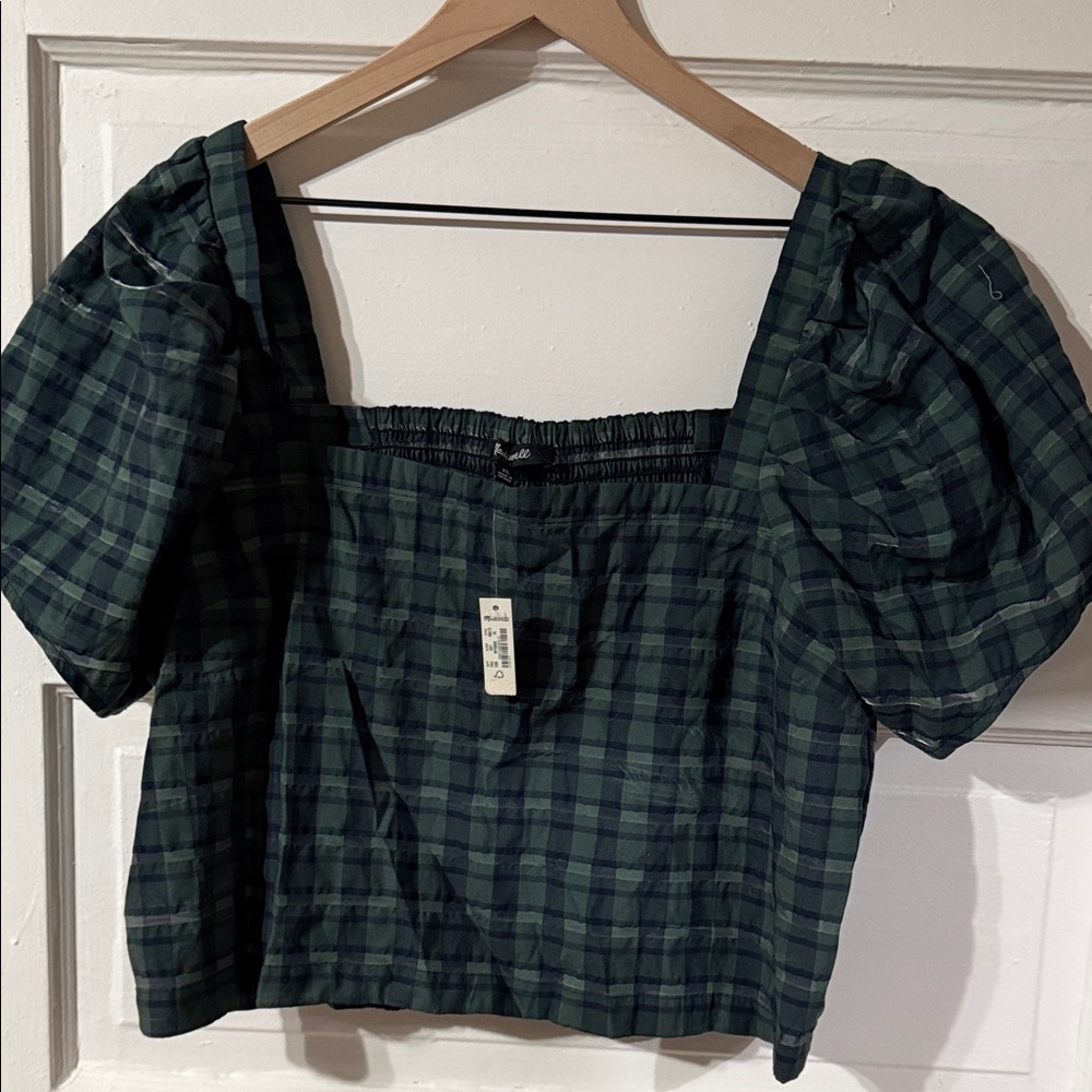 Madewell Green Plaid Puff Sleeve Blouse